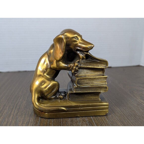 VTG Brass 5" Bookend Dachshund Dog Chewing on Books Weiner Dog Heavyweight - Picture 1 of 10